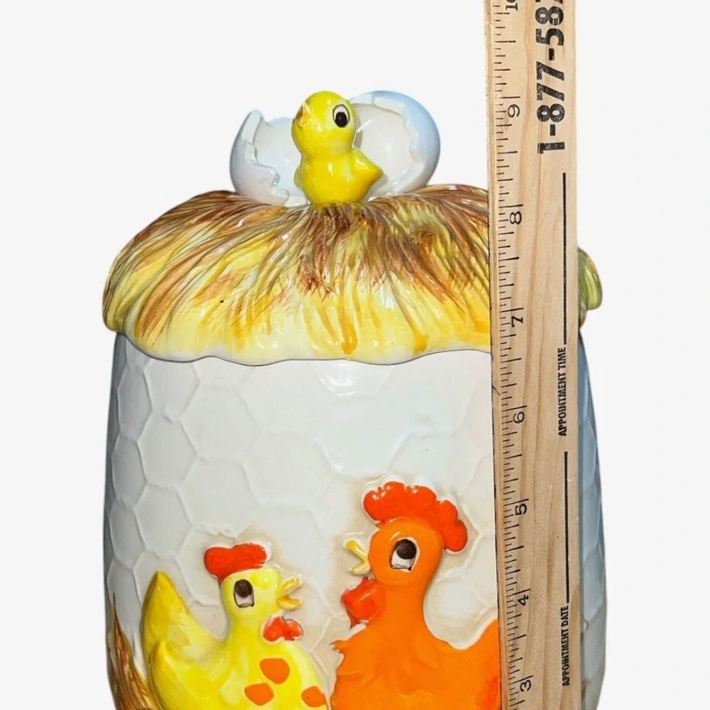 Vintage Sears 1976 Ceramic Chicken Nest Cookie Jar Farmhouse White Yellow Orange